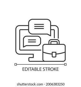 Icono lineal del chat del lugar de trabajo. Chat comercial para empleados remotos. Comunicación con compañeros de trabajo. Ilustración personalizable de línea delgada. Símbolo de contorno. Dibujo de contorno aislado del vector. Trazo editable