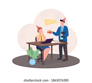 Workplace Christmas celebration 2D vector web banner, poster. Colleague give surprise gift. Coworkers flat characters on cartoon background. Party at work printable patch, colorful web element