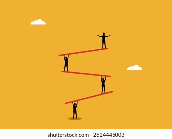 Workplace class, business people on a balance of levels with the boss at the top.