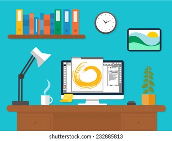 Workplace with clock, lamp, stationery and documents