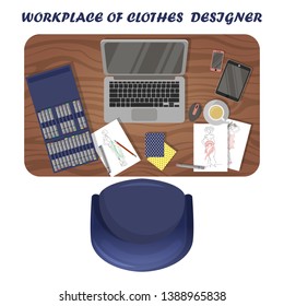 Workplace of clothes designer. Fashion illustrator's workspace. View from above. Isolated objects on white background. Sketches, markers, fabric samples lie on a wooden table. Stylish armchair, coffee