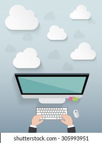 workplace with cloud idea on blue background.