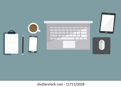 Workplace with coffee cup background.