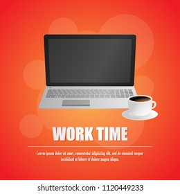 workplace with coffee mobile laptop vector at orange background Vector illustration