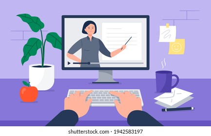 A workplace with coffee, plant, papers, and computer monitor. Watching a video, course, webinar, tutorials online. Vector flat illustration.