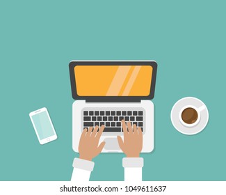 workplace with coffee, smartphone and laptop with hands on the keyboard. human hands using computer isolated on blue background. notebook top view. freelancer typing. Vector illustration. 