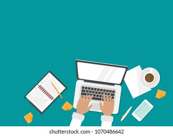 workplace with coffee, smartphone and laptop with hands on the keyboard. human hands using computer isolated on blue background.
notebook top view. freelancer typing. Vector illustration. 