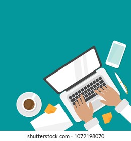 workplace with coffee, smartphone and laptop with hands on the keyboard. human hands using computer isolated on blue background.
notebook top view. freelancer typing. Vector illustration.  top view