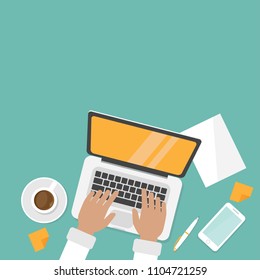 workplace with coffee, smartphone and laptop with hands on the keyboard. human hands using computer isolated on turquoise background.
notebook top view. freelancer typing. Vector illustration. 