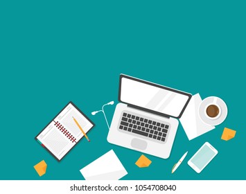 workplace with coffee, smartphone, pen, earphones and laptop. workplace isolated on blue background.
notebook top view. freelancer job. Vector illustration. Creative work