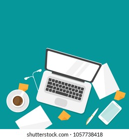 workplace with coffee, smartphone, pen, earphones and laptop. workplace isolated on blue background.
notebook top view. freelancer job. Vector illustration. Creative work