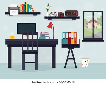 Workplace with coffee with window and other things. illustration flat