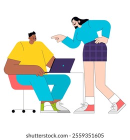 Workplace collaboration concept. Colleagues engage in a productive discussion over laptop. Exchange of ideas in casual office setting. Vector illustration.