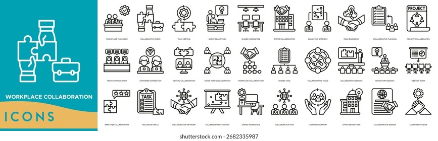 Conjunto de líneas de iconos de Workplace Collaboration. Trabajo en equipo en el lugar de trabajo, trabajo colaborativo, reunión de Equipo, lluvia de ideas grupales, Espacio de trabajo compartido, colaboración de oficina y estrategia colectiva