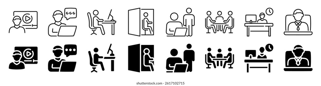 Workplace and collaboration icon set. Linear and silhouette style.
