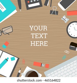 Workplace collection concept office items, equipment, and mobile devices, modern design flat icon - vector illustration. The clock, notepad, keyboard, mouse, pencil, calculator and others.