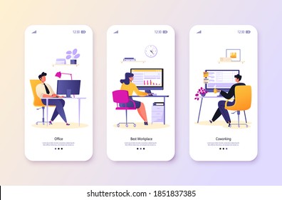 Lugar de trabajo, condiciones de trabajo cómodas, oficina, freelance, autoempleo, trabajo compartido para la página de aplicaciones móviles a bordo conjunto de pantalla. Personajes masculinos y femeninos trabajando en computadoras. Plano, cartografía, vector
