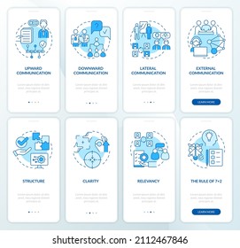 Workplace communication blue onboarding mobile app screen set. Walkthrough 4 steps graphic instructions pages with linear concepts. UI, UX, GUI template. Myriad Pro-Bold, Regular fonts used