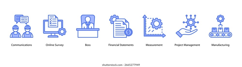 Workplace Communication web banner icon vector illustration featuring Communications, Online Survey, Boss, Financial Statements, Measurement, Project Management, and Manufacturing.