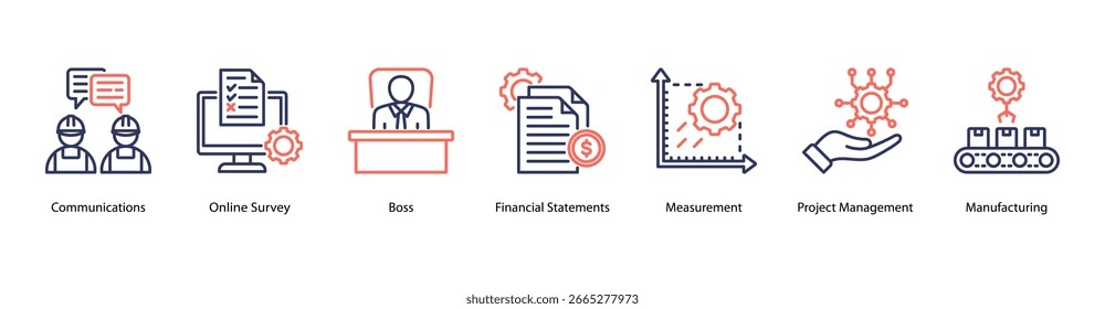 Ilustración vectorial de iconos de Anuncio de Web de comunicación en el lugar de trabajo con comunicaciones, Encuesta en línea, jefe, estados financieros, medición, gestión de proyectos y fabricación.