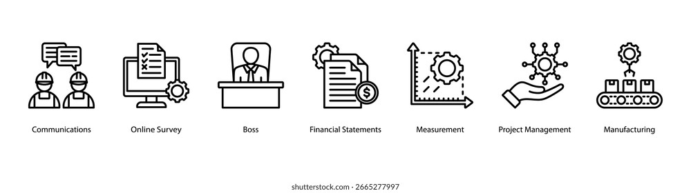 Ícone de vetor de banner da Web Workplace Communication com Communications, Online Survey, Boss, Financial Statements, Measurement, Project Management e Manufacturing.