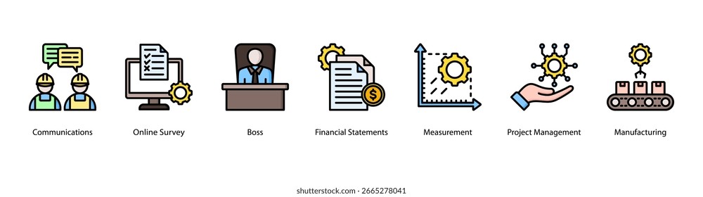 Workplace Communication web banner icon vector illustration featuring Communications, Online Survey, Boss, Financial Statements, Measurement, Project Management, and Manufacturing.
