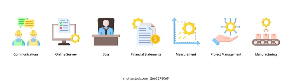 Workplace Communication web banner icon vector illustration featuring Communications, Online Survey, Boss, Financial Statements, Measurement, Project Management, and Manufacturing.