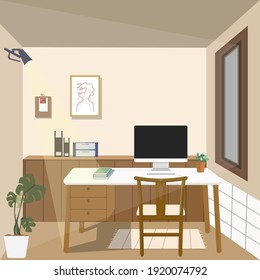 Lugar de trabajo con Ordenador, libro, olla de árbol, en silla de madera de mesa y marrón, mobiliario incorporado y decoración de marco de madera, pared de color crema Diseño interior japonés minimalista Ilustración vectorial