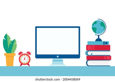 Workplace. Computer, books, alarm clock and flowerpot. online education. Teaching. Vector graphics