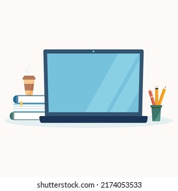 Workplace with computer, books, coffee on white background. Vector illustration.