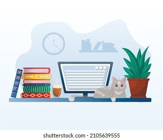 Workplace with a computer, books, a flower in a pot, a cup of coffee and a cat. Cozy work desk, home atmosphere, freelancing, work from home. Illustration in complex flat style