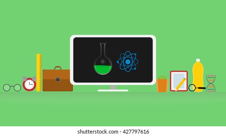 Workplace with computer, a briefcase, a ruler, watch, glasses, bottle, cactus, DNA. On the bulb and the molecule, the concept of online learning. Vector illustration in a flat style