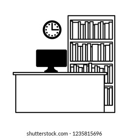 workplace computer clock bookshelf