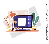 Workplace with computer of creative graphic designer. Table with pen, computer, plant, lamp, calendar, stickers. Flat modern vector illustration
