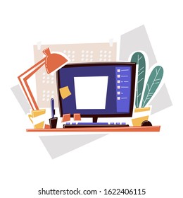 Workplace with computer of creative graphic designer. Table with pen, computer, plant, lamp, calendar, stickers. Flat modern vector illustration