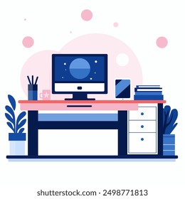 Workplace with a computer and a cup of coffee, books on the table, vector
