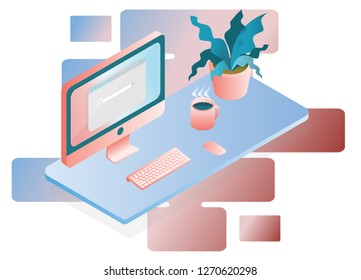 Workplace with a computer, a cup of coffee and a plant. Vector flat with gradient