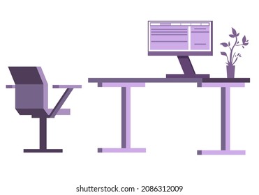 Workplace, computer desk, chair, monitor on white background, isolated image. Vector illustration