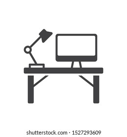 Workplace With Computer And Desk Lamp Icon. Flat Simple Pictogram. Work Table Vector Illustration