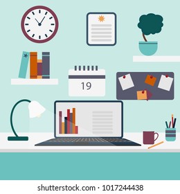 Workplace computer, desk, lamp, pens, clock, books, calendar, flower, reading and writing, cup, board.