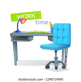 Workplace with a computer desk on which are books and a lamp. Work time in office banner. Vector cartoon illustration