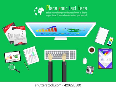 Workplace with computer equipment for smart phones, laptops, calculators placed Flat design.