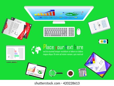 Workplace with computer equipment for smart phones, laptops, calculators placed Flat design.