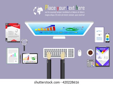 Workplace with computer equipment for smart phones, laptops, calculators placed Flat design.