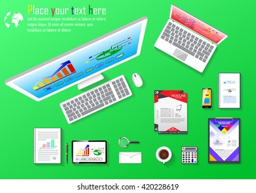 Workplace with computer equipment for smart phones, laptops, calculators placed Flat design.