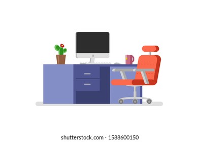 Workplace with computer. Flat modern vector illustration. Cartoon graphic design illustration