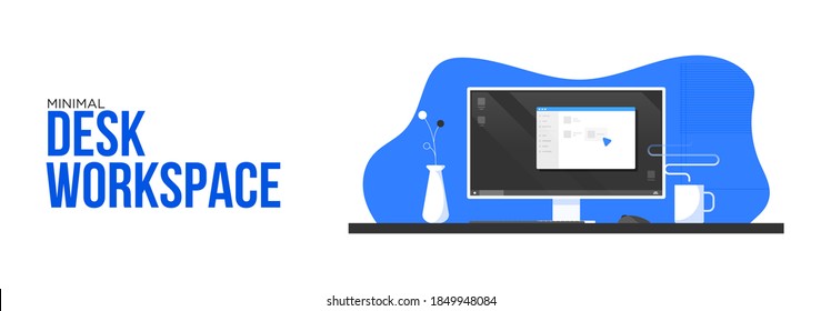 Workplace with computer. Flat modern vector illustration for web. Office desk or table with computer. Business workspace or interior. Creative office space vector with display on the table.