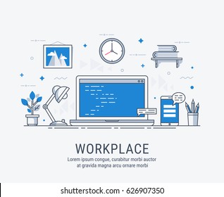 Workplace with computer. Flat modern vector illustration for web.