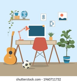 Workplace with computer, globe and lamp. Houseplants and books on the shelf. Vector flat illustration