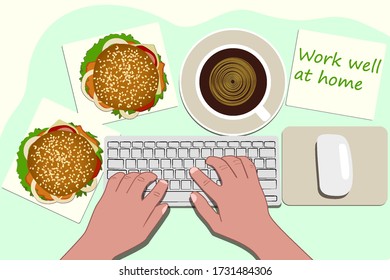 Lugar de trabajo en el ordenador en casa, con una pausa para el almuerzo, deliciosas hamburguesas y café. Ilustración vectorial.